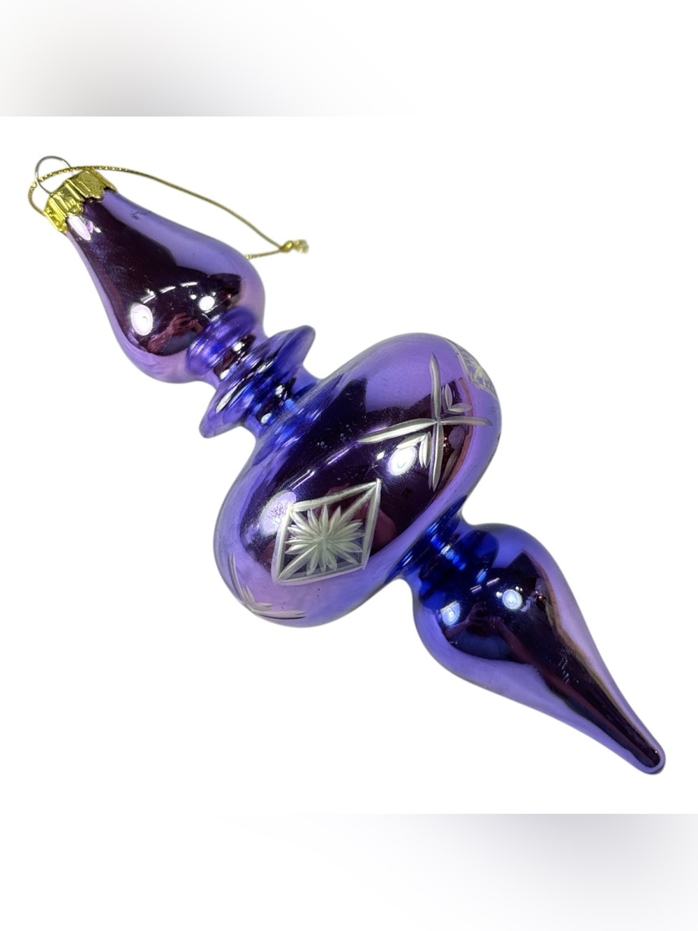 Santa's Best 8” Mercury Glass Purple Etched Teardrop Finial Christmas Ornament